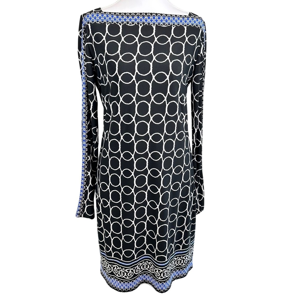 Joseph Ribkoff Black White Blue Geometric Circle Sheath‎ Dress Long Sleeve Sz 6